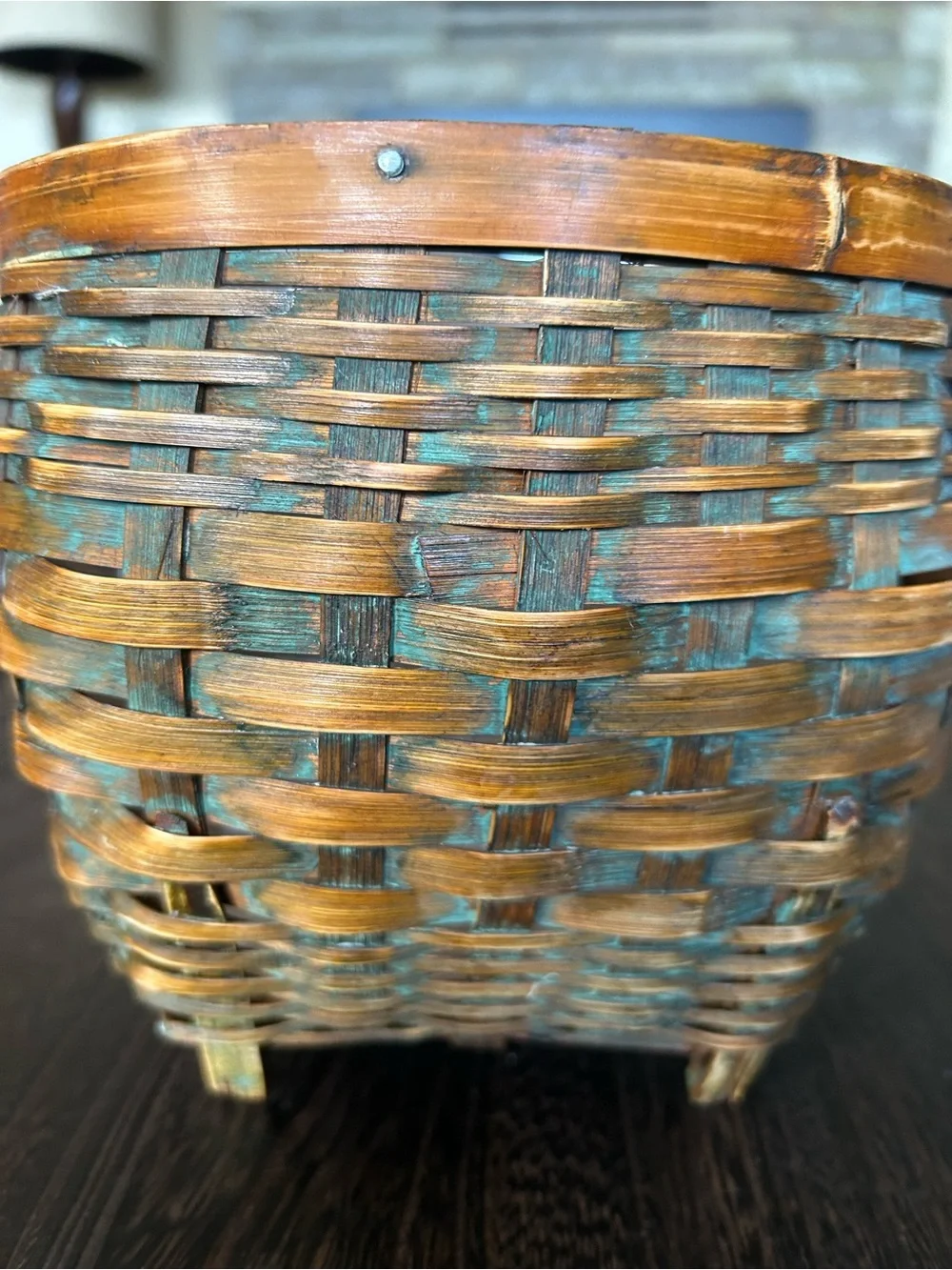 Vintage Handmade Split Wood Basket Planter Turquoise Patina Footed Boho Decor